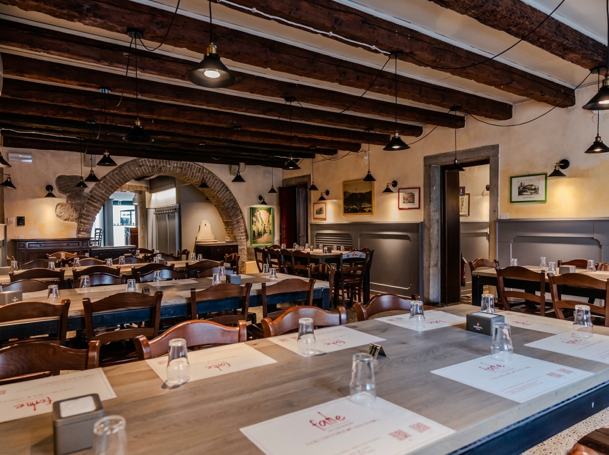 La sala FAME con grandi tavoli, travi in legno e quadri alle pareti